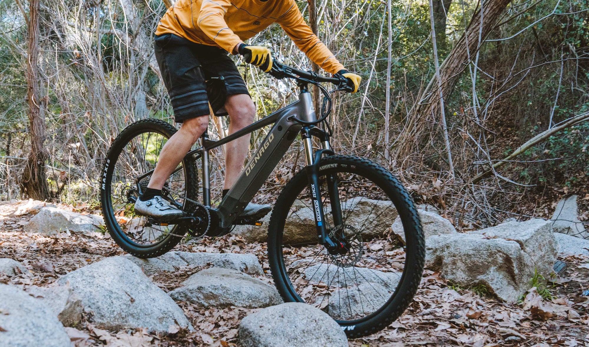 Photo of a rider on a Denago EXC1 electric mountain bike on the Marshall Canyon trail