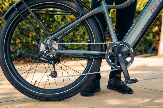 Driveside of the Denago Commute Top Tube eBike with Microshift 8 spd Drivetrain.