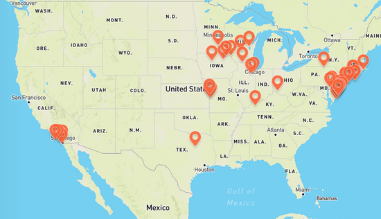 Map of the United States of America pinned with locations of eBike shops near me.