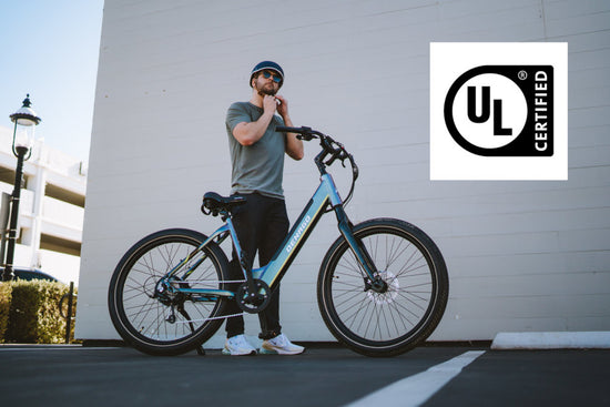 Man adjusting helmet before mounting his ebicycle with a UL Certified Logo overlaid.
