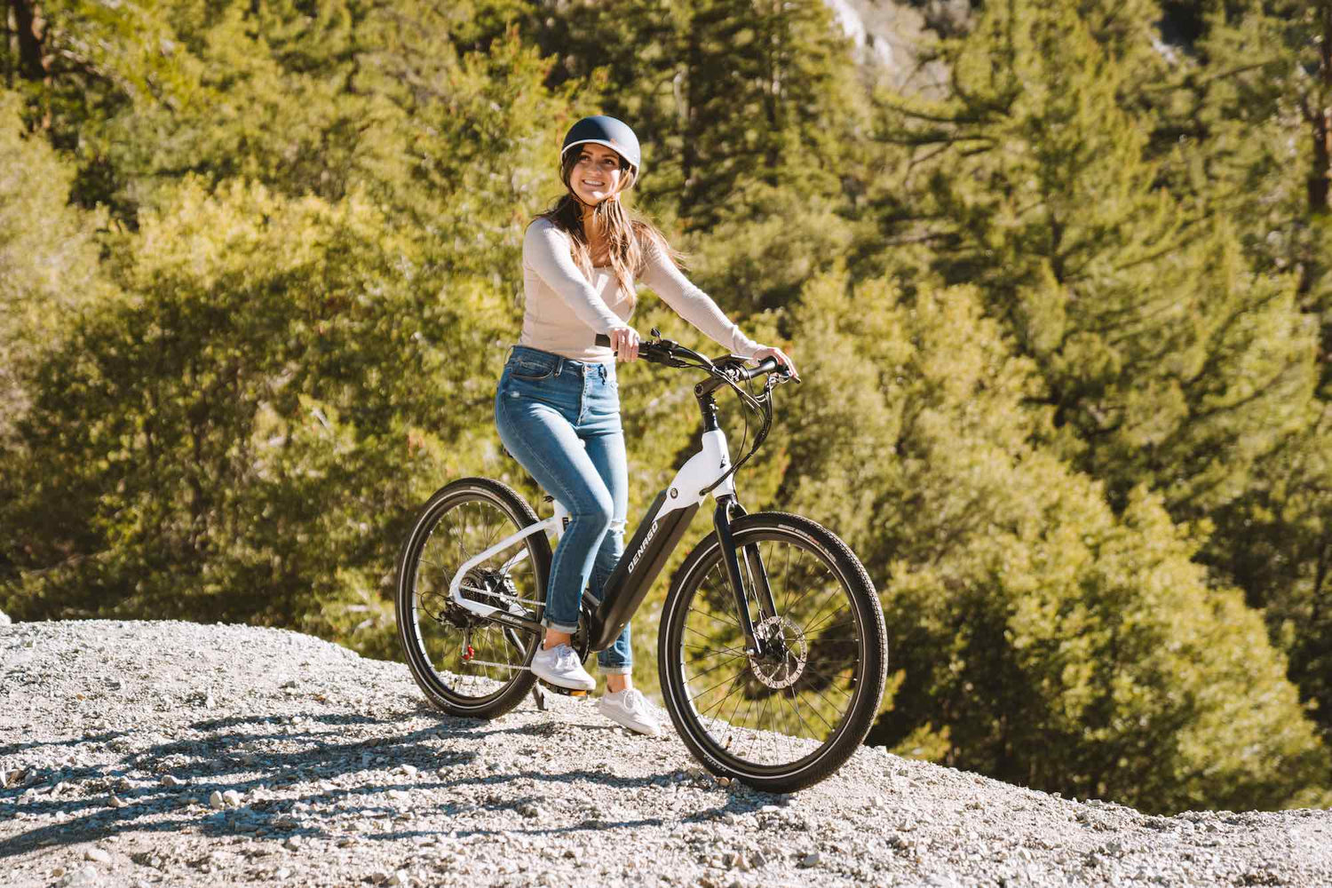 Girl with an eBike parked on the side of Mt. Baldy road