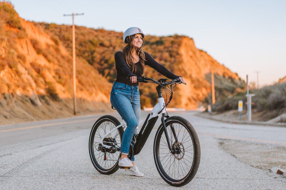 woman riding a Denago eBike on Mt. Baldy road